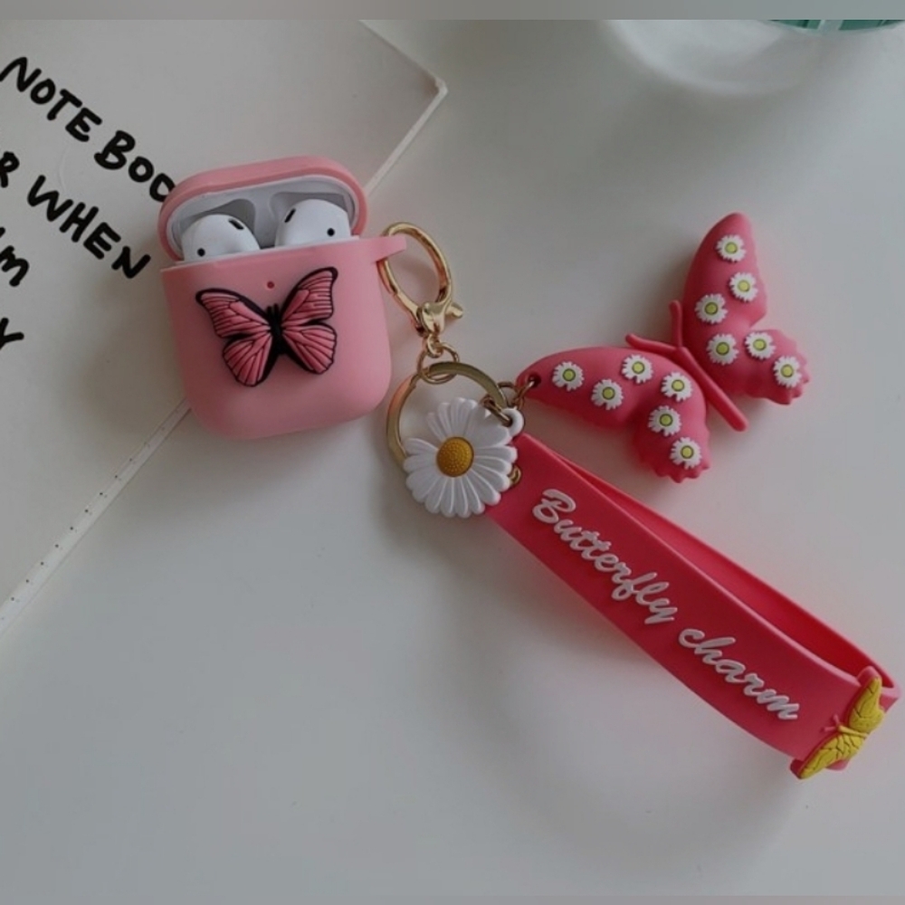 Airpods Pro Case Butterfly with Keychain & Wristlet, Soft Silicone New